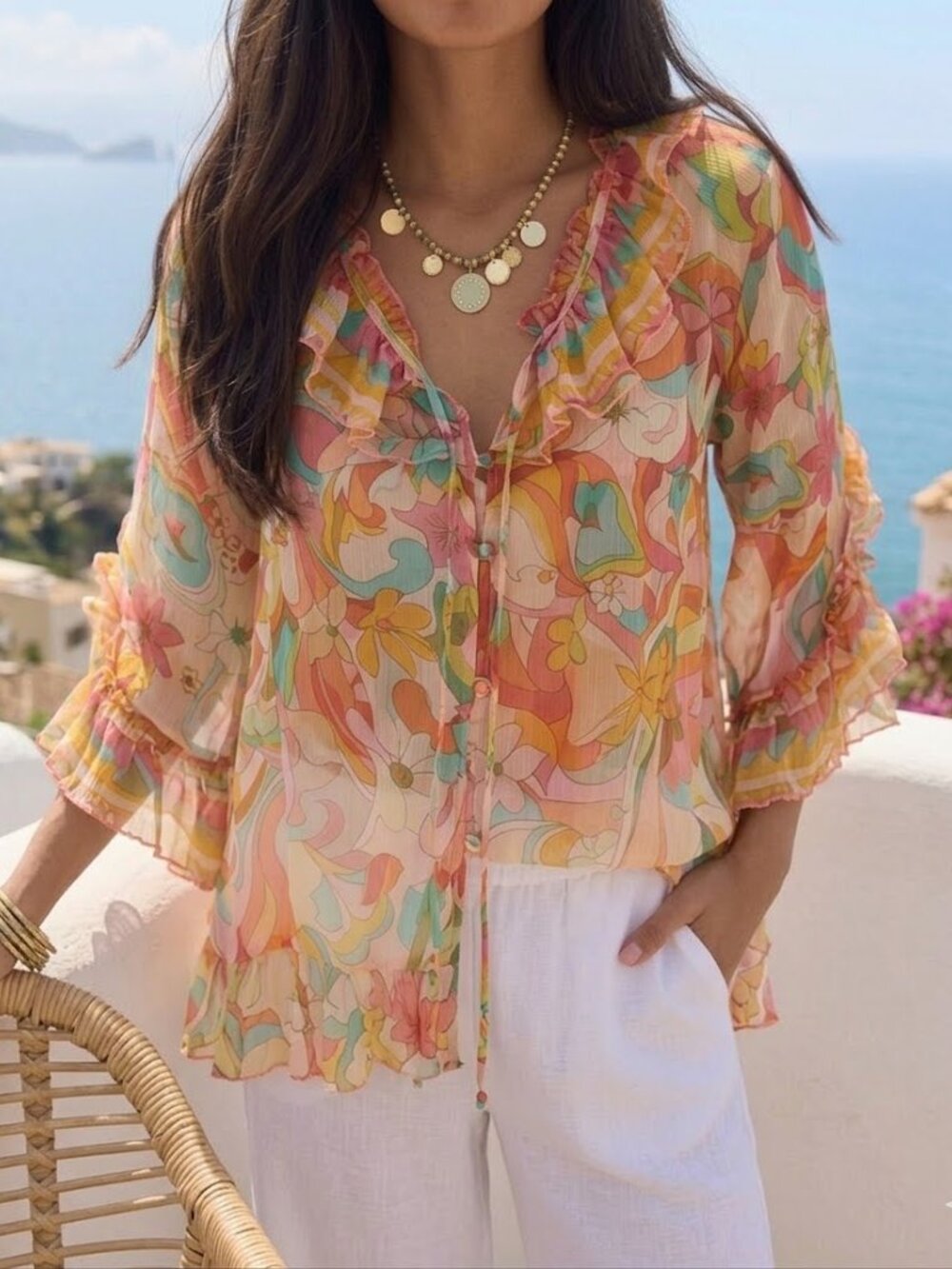 Johnny Was Gal Ruffle Tie Blouse Boho Chic Floral Silk Mix NWT Size Small
